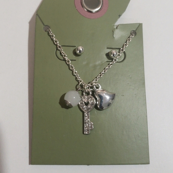Silver-Tone Key, Heart & Pearl Pendant Necklace with Earrings - Women's Jewelry - Picture 1 of 6